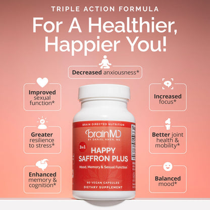 BrainMD Dr. Amen Happy Saffron Plus – with Saffron Flower Extract, Curcumin & Zinc – Vegan & Gluten-Free